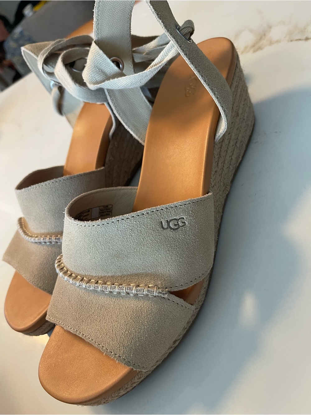 UGG Women's Light Beige Suede Espadrille Wedge Sandals with Ankle Wrap 12M